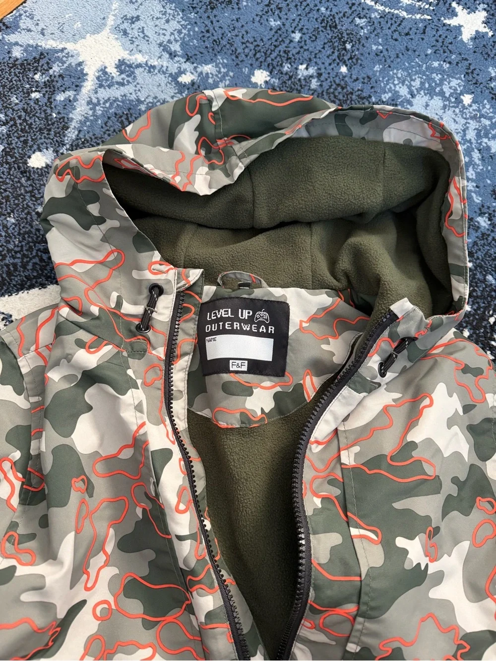 F&F Green Grey Camo Kids Hooded Raincoat with Orange Trim